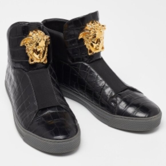 Versace Black Croc Embossed Leather Medusa High Top Sneakers Size 44 - Picture 6 of 7